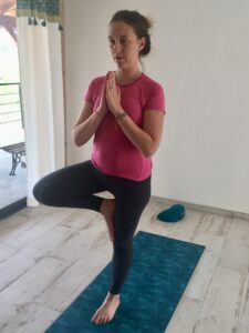 Debout sur une jambe, l'autre jambe : le pied posé à l'intérieur de la cuisse dans la posture de l'arbre ou Vrikshâsana