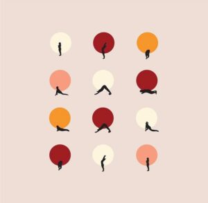 Douze îcones représentant les douze postures de la salutation au soleil (surya namaskar)