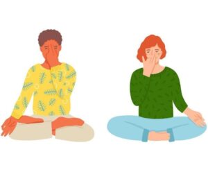 Illustration de deux enfants en train de faire l'exercice de respiration alternée anuloma viloma