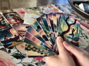 Les mains d'une personne tenant les cartes d'oracle renaitre du jeu yoga et postpartum