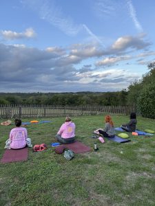 Groupe de yogis en méditation assis au sol face à une vue imprenable